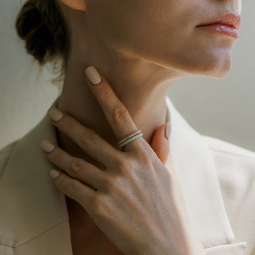 Triple Diamond Baby Pink Enamel Stack Ring